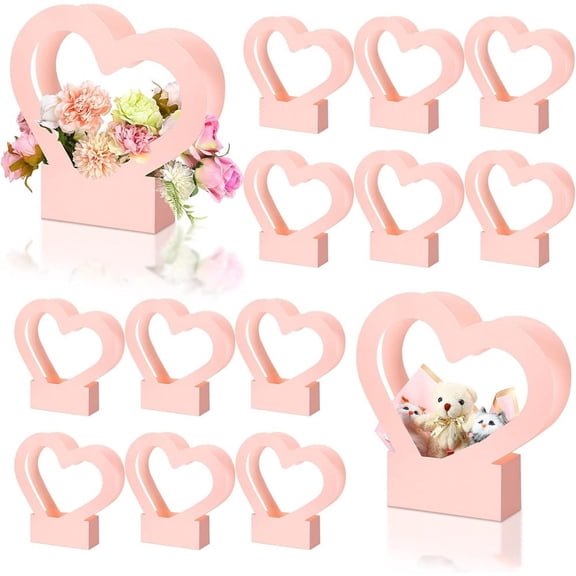 NOGIS 12 Pcs Heart Shaped Boxes for Flowers Empty Bouquet Gift Bags with Handle Folding Basket for Wedding Arrangement Graduation(Pink)