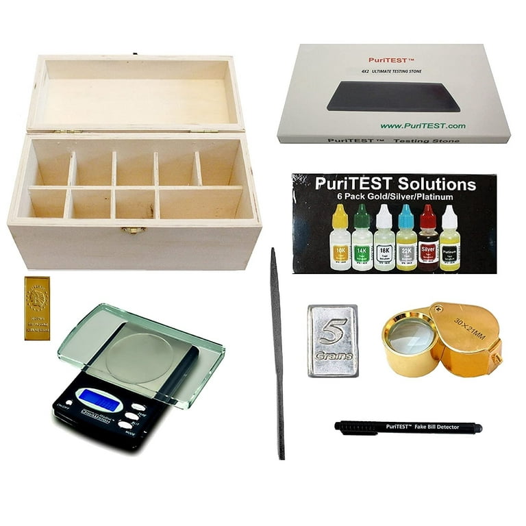Quality Jewelry Testing Kit 10k 14k 18k 22k Gold, Platinum, Silver .999  Acids, Wood Storage Box, Test Stone, 30x Loupe, Scale, Counterfiet Detector  Pen, File, 5gn Silver Bar, 5g Fake Gold Bar 