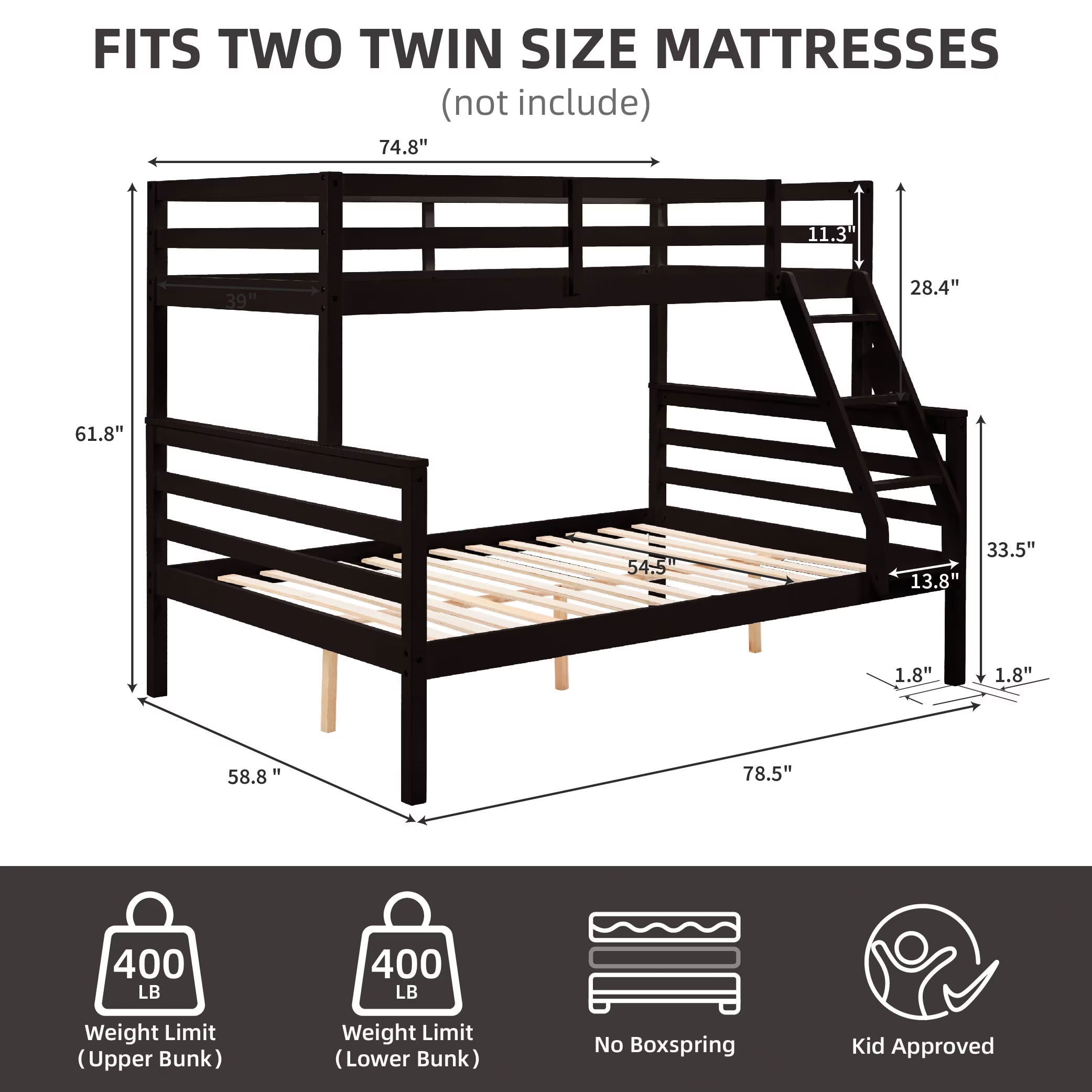 MAYEERTY Twin over Full Wooden Bunk Bed with Ladder and High Guardrail, Space-Saving Bunk Bed for Kids, Teens, Dorm Rooms, and Guest Rooms