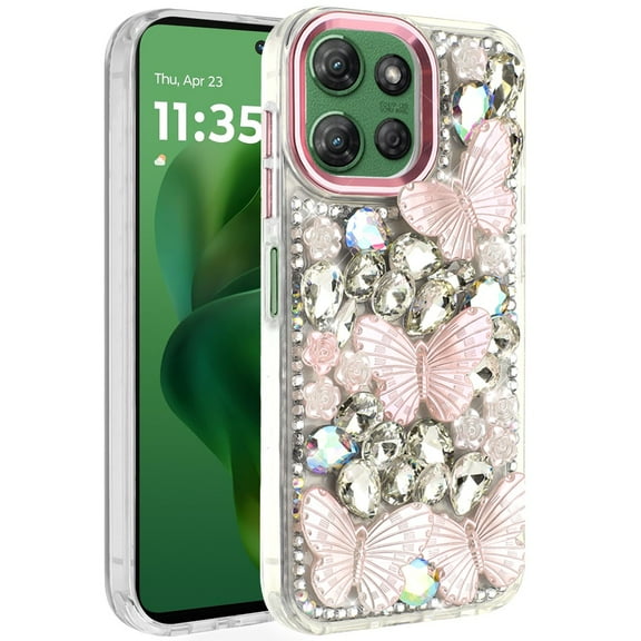 For Motorola Moto G Power 5G 2025 Lavished Floral Butterfly Bling Stones Hybrid Case - Pink