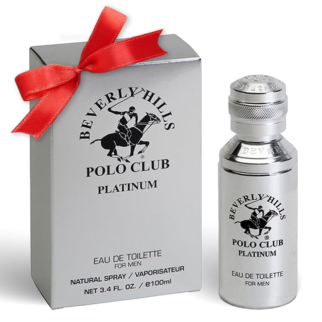 perfume beverly hills polo club platinum eau de toilette, 100 ml — botella cilíndrica plateada con tapa estriada y caja plateada con logo de jinete; texto «PLATINUM» y «Eau de Toilette for Men» visibles, presentada sobre fondo blanco; fragancia de cedro y canela, apta como regalo elegante.
