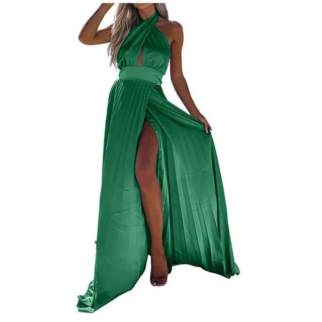 Womens Long Dresses Summer Womens Summer Sexy Solid Sleeveless Slitting Halter Neck Hem Long Dresses Womens Summer Dresses Sexy Dresses for Womens Sexy Sleeveless Dresses for Summer