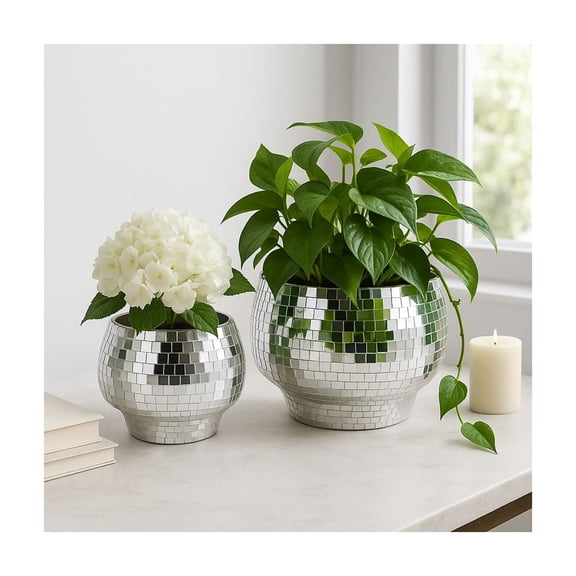 Round Mosaic Disco Mosaic Flower Pots for Home Decor - Modern Metal Planter for Indoor and Outdoor Styling - Plant Pots for Living Room and Garden Display - Set of 2, 9", 6", Silver