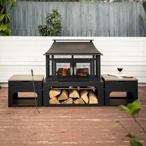 70 Inch Rectangular Outdoor Steel Woodburning Fireplace with Side Tables - Integrated Log Storage and Log Poker$$Garden & Patio