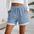 thumbnail image 3 of Gyujnb Women Casual Shorts, Drawstring Elastic Waist Roll‑Up Hem with Side Pockets,Light Blue, 3 of 4