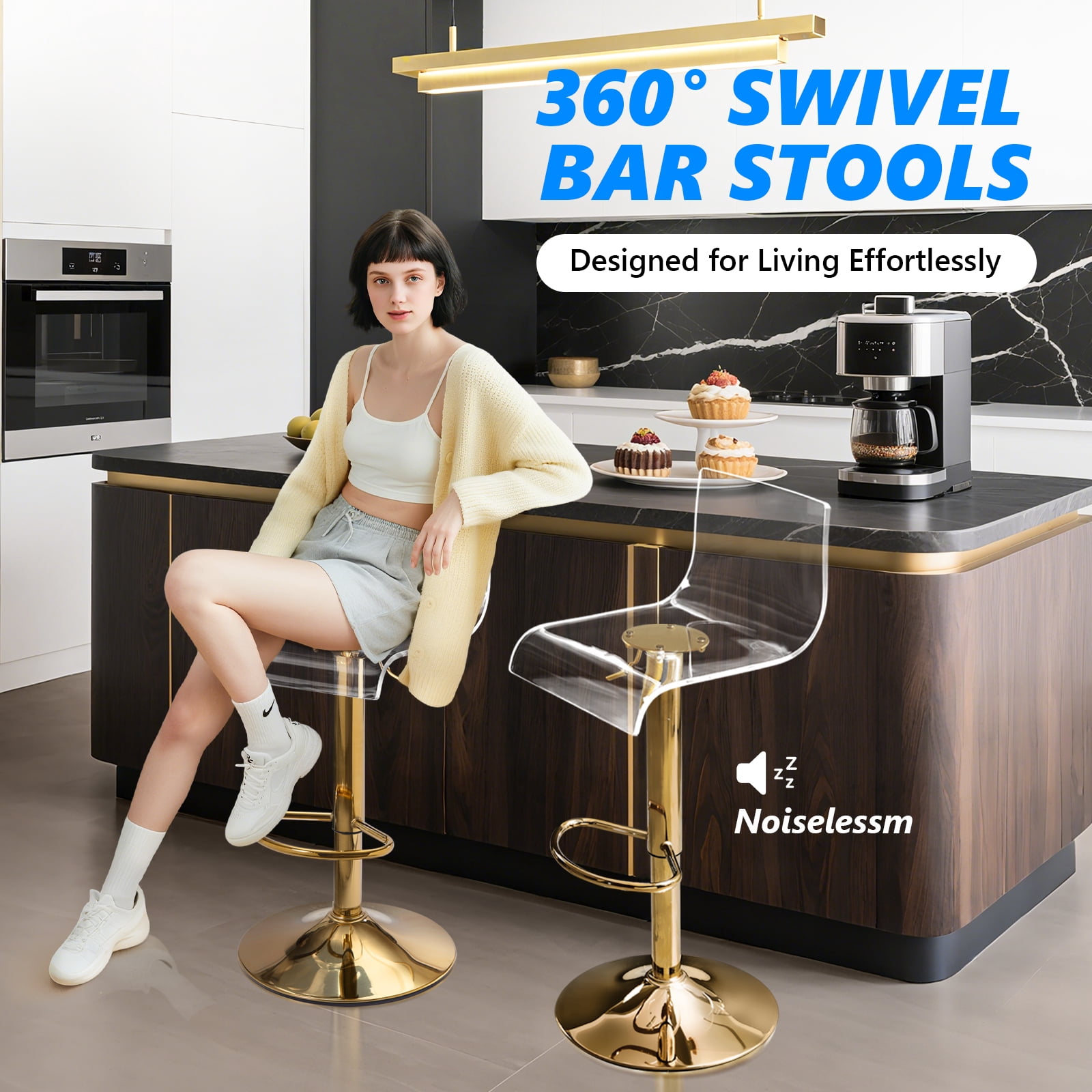 Clear Acrylic Bar Stools set of 3 , 360° Swivel Height Adjustable Bar Chairs with Backrest, Transparent Counter Height Stools with Gold Metal Base for Kitchen Island, Bar, Cafe ( Gold )