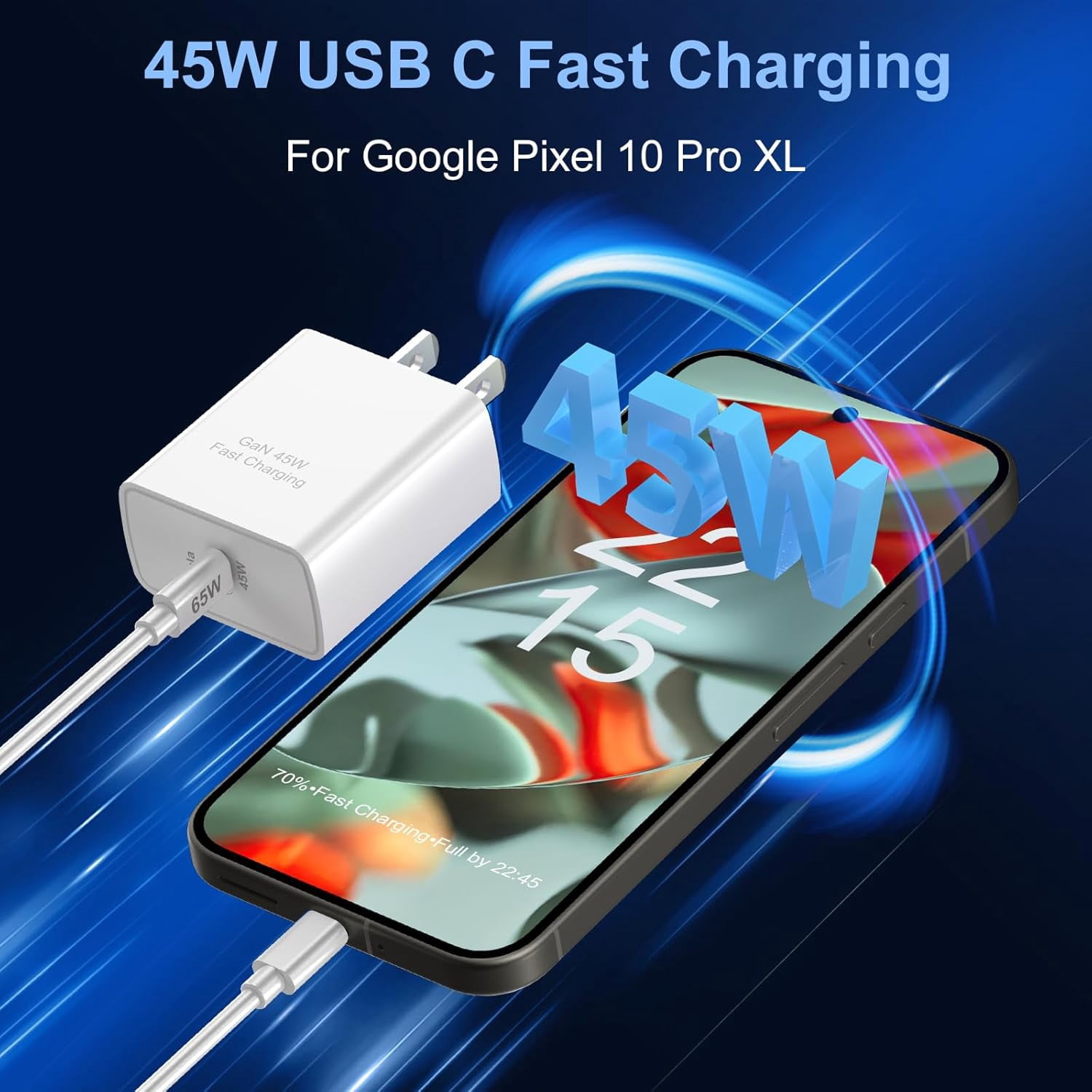 NEOYFC for 45W USB C Fast Charger GaN Adapter for Google 10 Pro/9 Pro XL/8 Pro/8/8a/7 Pro/7a/7/6/5/4, 2 Pack Aymla 45 Watt PD Type C Wall Plug Charging Rapidly forAndroid Phone Block with 6.6 FT