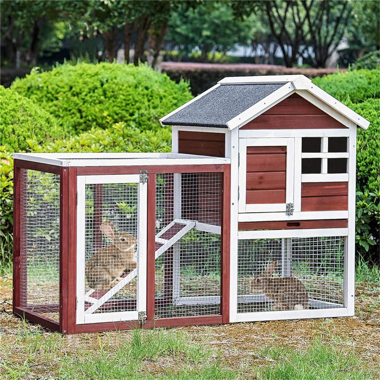Wood Chicken Coop Rabbit Hutch, Natural Wood House Pet Supplies, 2 Story Bunny Cage, Removable