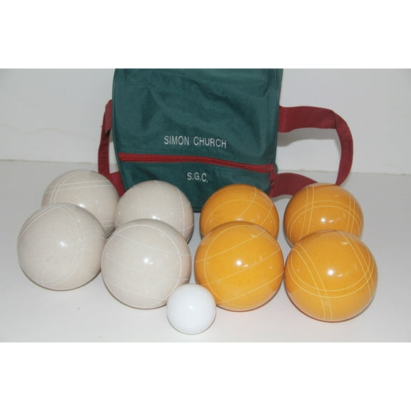 Italian/American Made, 110mm EPCO Bocce Set - Rustic Yellow/White Balls and Engraved Green/Maroon Bag