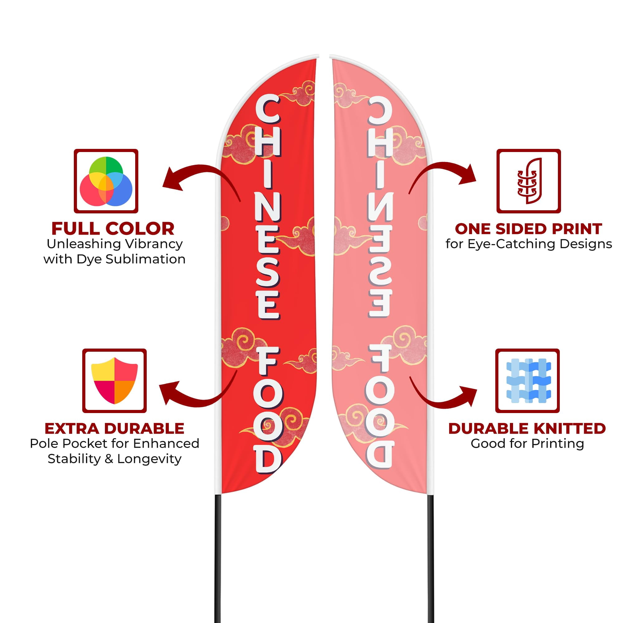 Chinese Food Sign feather flag Pole Mount for Outdoor by Mavis Print | 15 FEET Long Polyester Outdoor Banner Flag with Pole Kit for Easy Hang | HD Print Swooper Flag Pole Mount for Food Advertisin