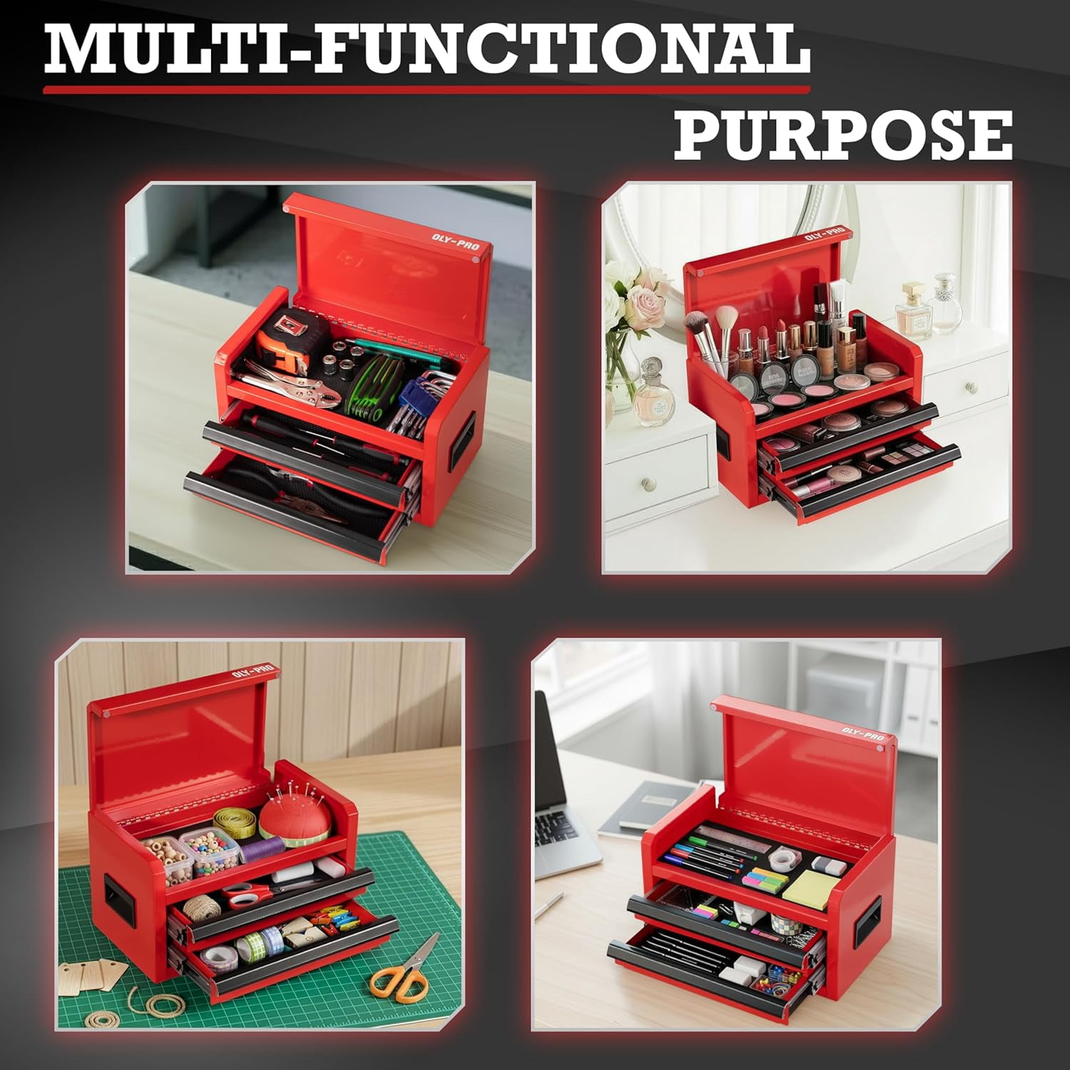 OLY-PRO Mini Tool Box With Drawers, Steel Tool Storage Cabinet with Top Organizer and Ball-Bearing Slides, Portable  Small Toolbox for Garage,  Red