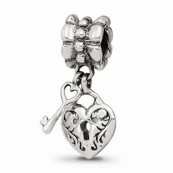 Fancy Bead White Sterling Silver Themed 19.09 mm 8.18 Reflections Heart & Key Dangle Bead