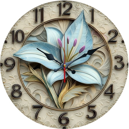 Hoease 10 Inch Silent Wall Clock, 3 D Embossed Blue Lily Decorative Wall Clock, Battery Operated