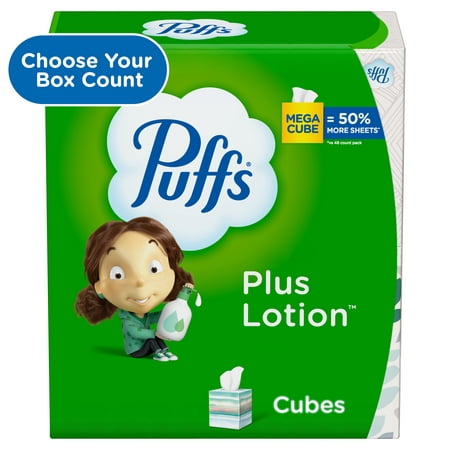 Puffs Plus Lotion Facial Tissue, 4 Mega Cube Boxes, 72 Facial Tissues per Cube