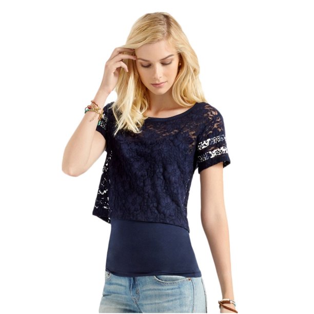 Aeropostale Varsity Lace Graphic playera para mujer, azul, extragrande Aeropostale Camiseta gráfica