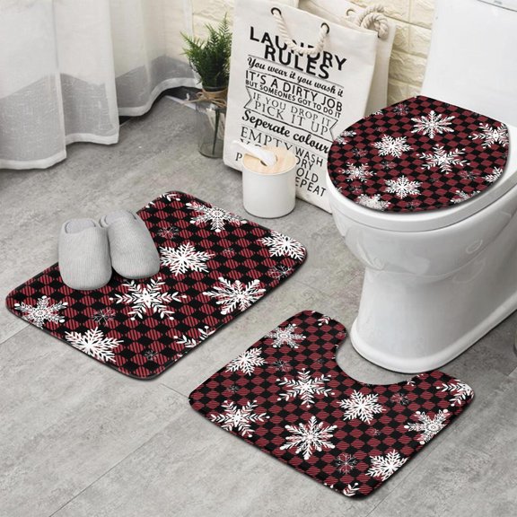 Red and Black Checkered Christmas Snowflake Pattern Bathroom Rugs Sets 3 Piece,Toilet Cover Set,Absorbent Non Slip Bathroom Mats Sets with U-Shaped Contour Rug Toilet Rug Set