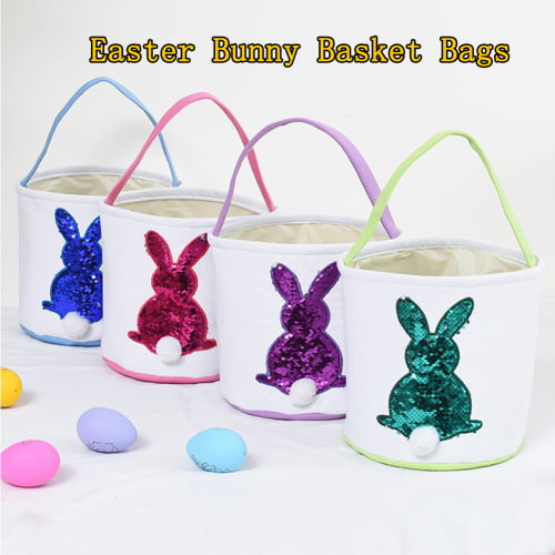 Easter Bunny Basket Bag for Kids,Personalized Easter Canvas Cotton Egg Candy Portable Baskets Rabbit Printed Bucket with Fluffy Tail Gifts Bag 