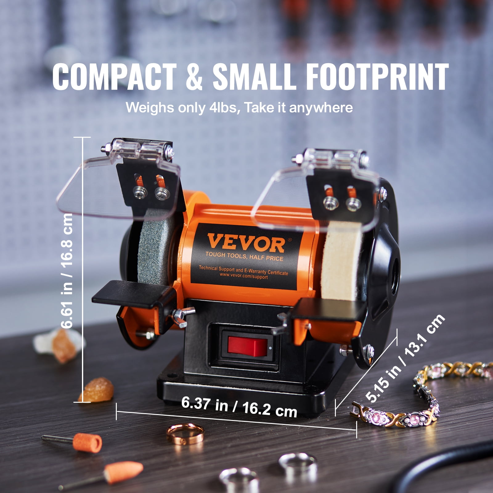 VEVOR Jewelry Polisher, Bench Grinder Polishing & Buffing Machine, 3590RPM Bench Lathe Polisher with 1 Wool Wheel & 1 Abrasive Fiber Wheel & 1 Grinding Wheel & 100pcs Tools