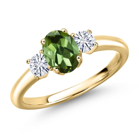 Gem Stone King 10K Yellow Gold Green Tourmaline and White Moissanite Engagement Ring for Women | 1.02 Cttw | Oval 7X5MM | Gemstone October Birthstone | Size 9