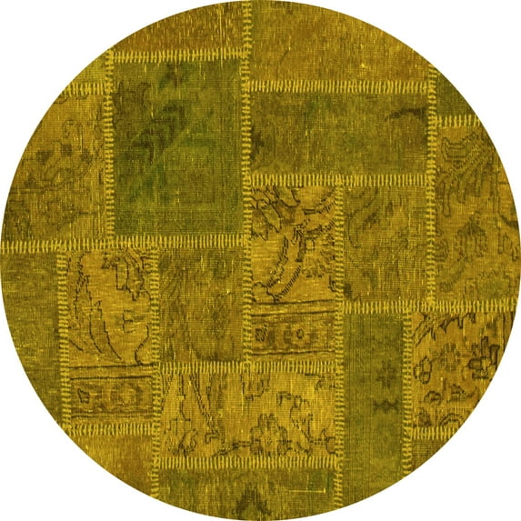Ahgly Company Machine Washable Indoor Round Patchwork Yellow Transitional Area Rugs, 5' Round