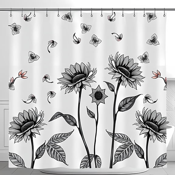 Elegant Monochromatic Floral Shower Curtain with Stylized Sunflowers - Gray & Black Design for a Calming Bathroom Ambiance