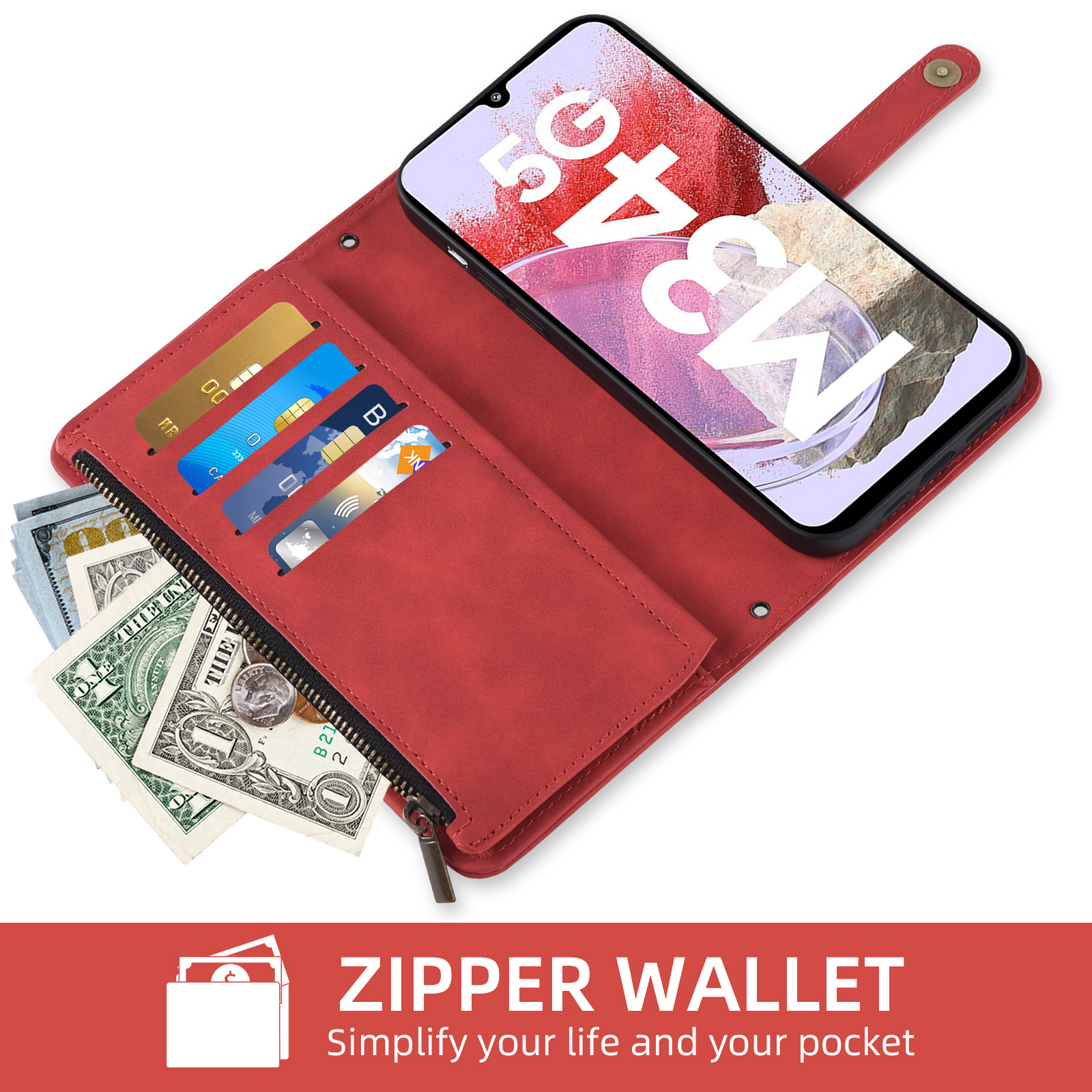 Asuwish Phone Case for Samsung Galaxy A25 5G/A24 4G/M34 /F34 Wallet Cover With Tempered Glass Screen Protector Crossbody Wrist Strap Flip Pattern Zipper Credit Card Holder Cell A 25 25A 24A LTE Red