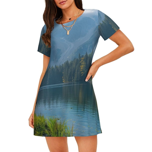 Balery Majestic Deer Mountain Lake Camisón de manga corta con cuello redondo para mujer, cómodo y elegante.