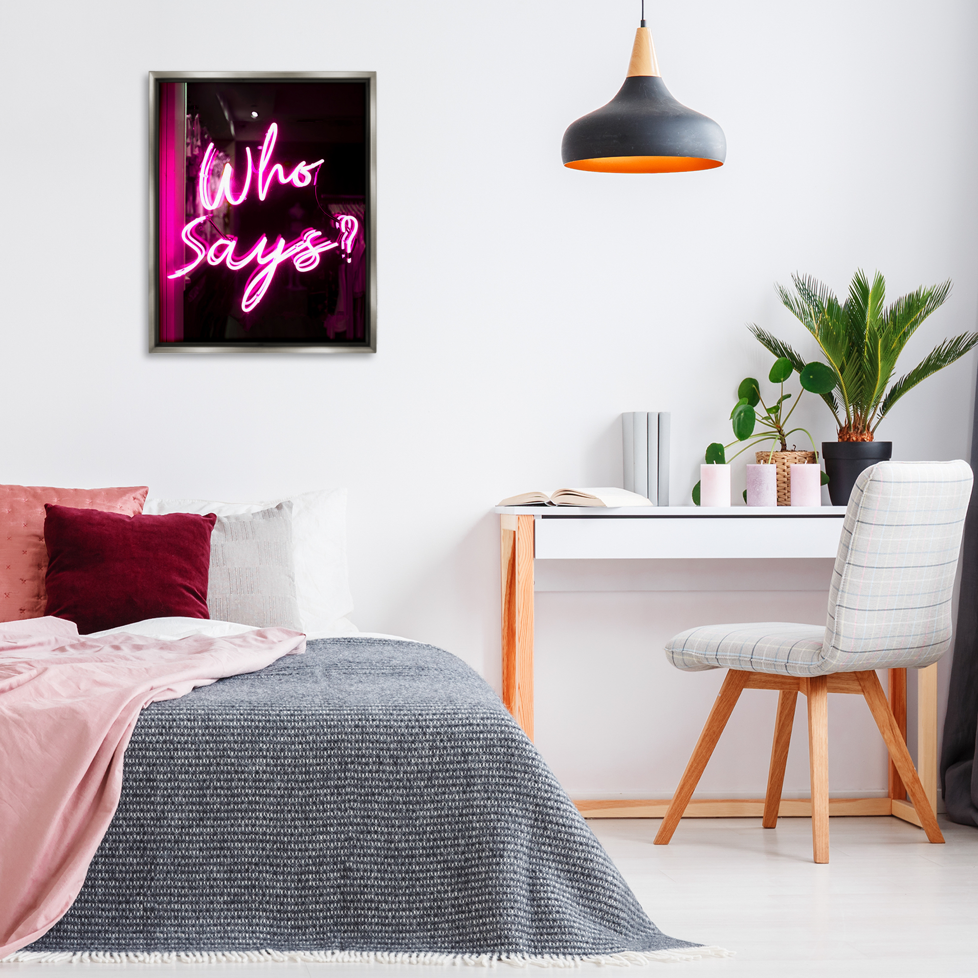 Stupell Industries Pink Neon Who Says Typography Painting Gray Floater Framed Art Print Wall Art, 25 x 31