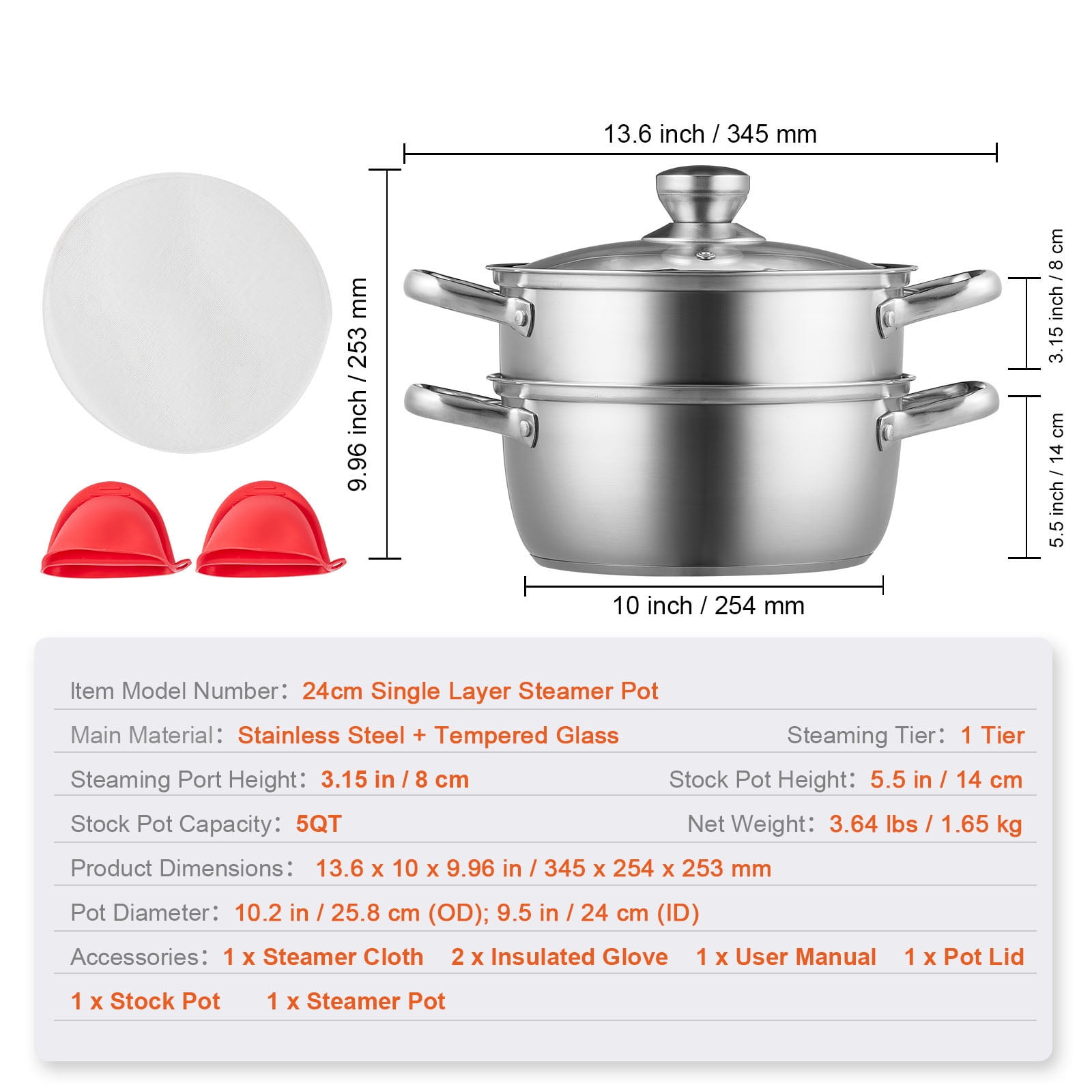KFFKFF Steamer Pot, 9.5in/24cm Steamer Pot for Cooking with 5QT Stock Pot and Vegetable Steamer, Food-Grade 304 Stainless Steel Food Steamer Cookware with Lid for Gas Electric Induction Grill Stove