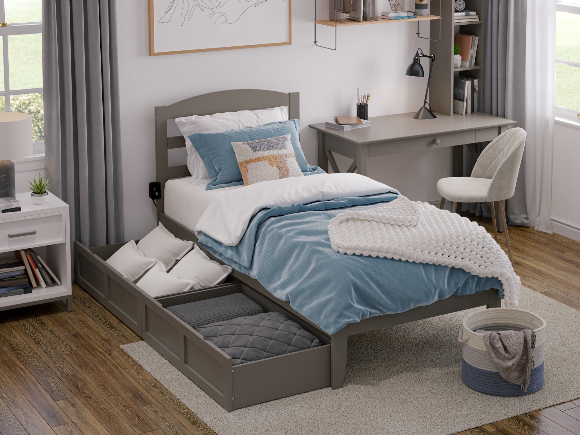 AFI Warren 14" Twin Wood Platform Bed Frame with Set of 2 Storage Drawers, Grey