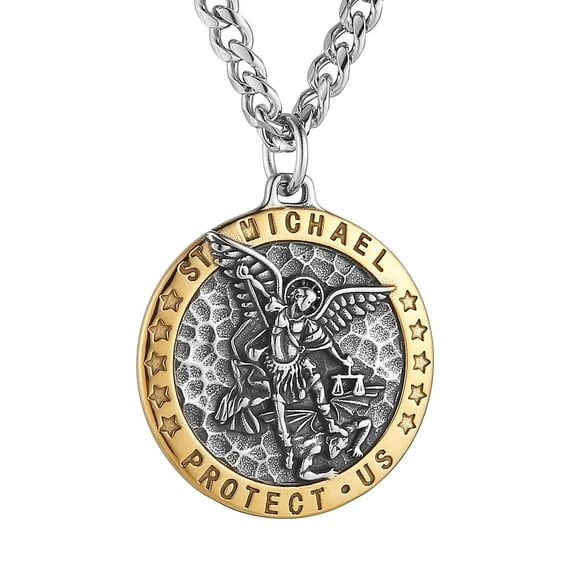 HZMAN Saint Michael Necklace for Men Stainless Steel Retro Archangel Round Medal Pendant Necklace Jewelry Gift