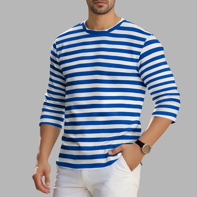 Ceisia Men's Spring Summer Casual Regular Fit Crew Neck Three-Quarter Sleeve T-Shirt Multi-Color Striped Cotton-Like Jersey Stretch Fabric Blue L Gifts
