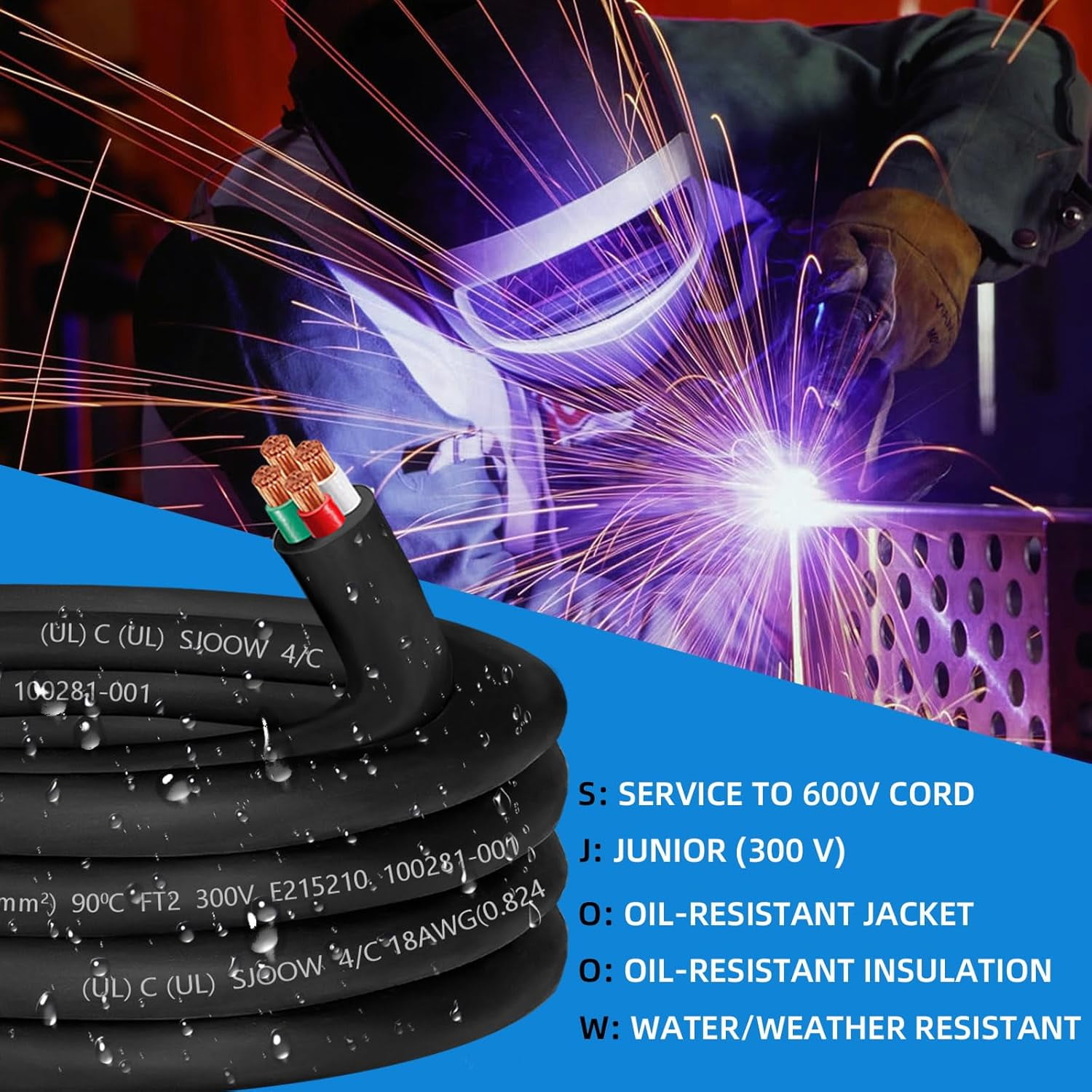 18/4 18 AWG SJOOW Portable Power Cable,18 Gauge 300V 4 Conductor SJOOW Cable Cord Electrical Wire for Mini Split Air Conditioner HVAC/Heat Pump/Speaker Systems/Light/Trailer,Indoor Outdoor-25FT