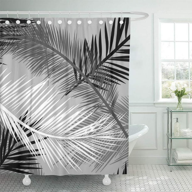 Suttom Tropical Palm Leaf Grey Gray Black And White Leaves Shower Curtain 60x72 Inch Com Leaves Shower Curtain 60x72 Inch, Black Palm Leaf Shower Curtain