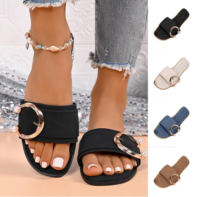 kcavykas Chaussures d'Été pour Femmes Sandales Polyvalentes à Boucle de Ceinture Confortables Plates à Enfiler d'Été Décontractées à Bride Ajustable Semelle Intérieure Coussinée Talon Bas Plage Voyage