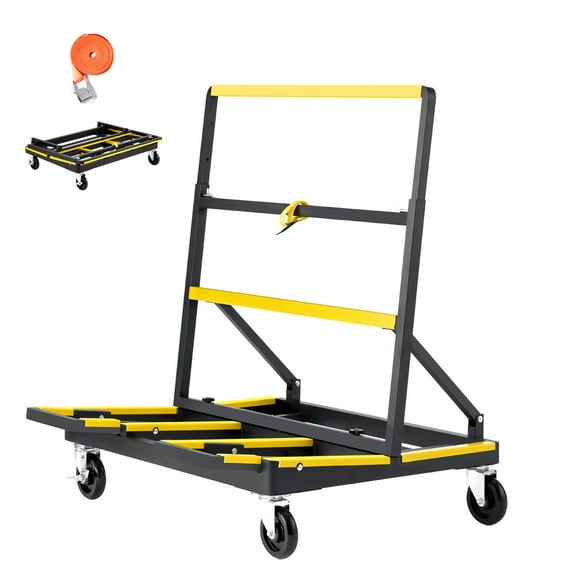 KFFKFF Drywall Cart Dolly, 1800 lbs Capacity, Steel Panel Trolley with 4 Rotating Casters & Adjustable Deck, Collapsible Panel Cart with Strap for Transporting Plywood, Drywall, and Glass