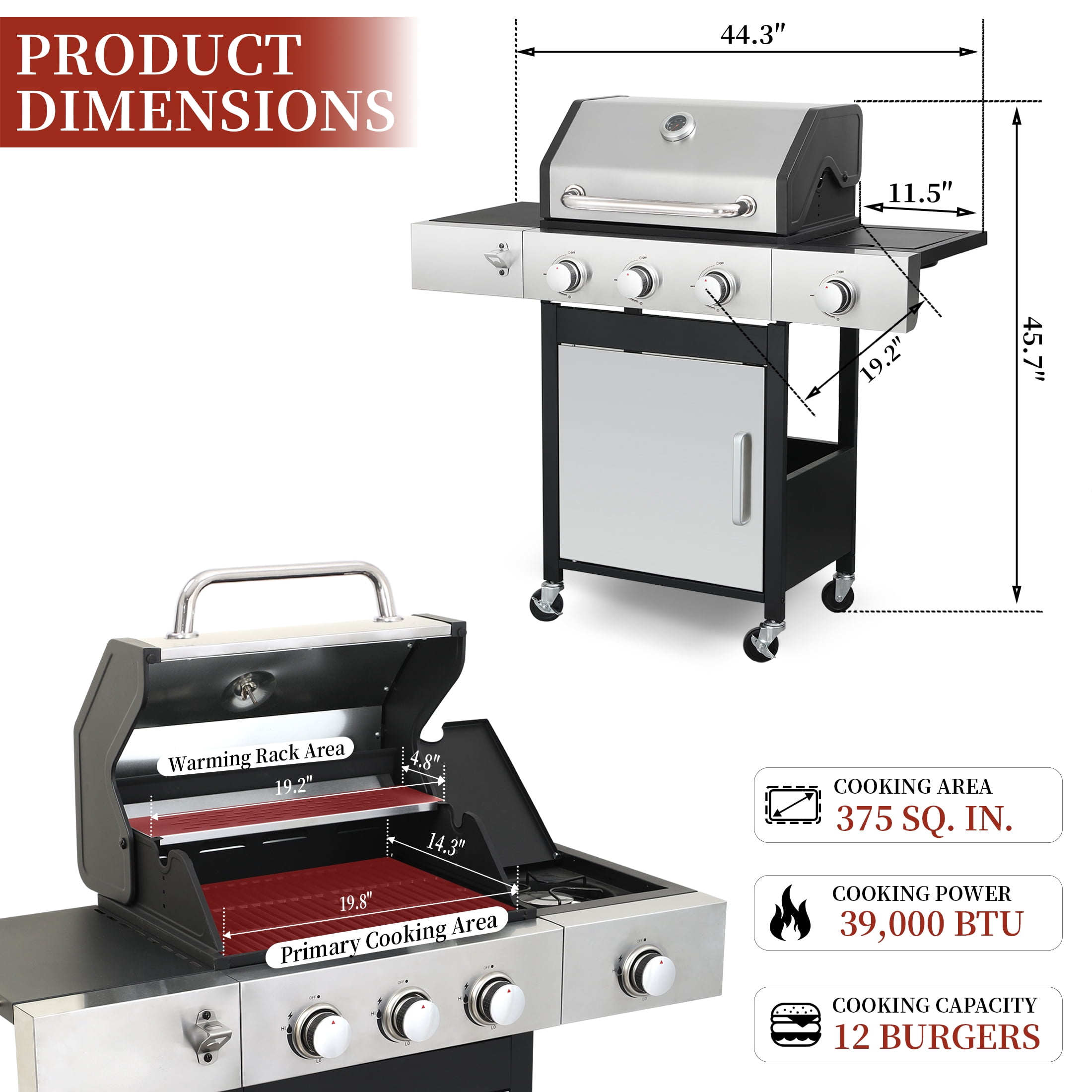 CIG GARDEN 3-Burner Propane Gas Grill with Side Burner,41,500 BTU Output Double-Layer Stainless Steel BBQ Lid with Cast Iron Grates