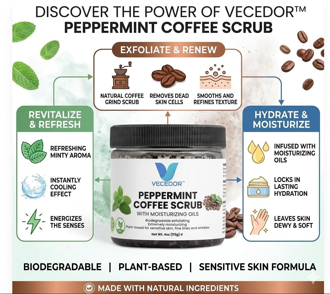 VECEDOR Peppermint Coffee Scrub – Exfoliating Body  Face Scrub for Smooth, Glowing Skin – Natural Moisturizing  Cellulite Care, 4oz
