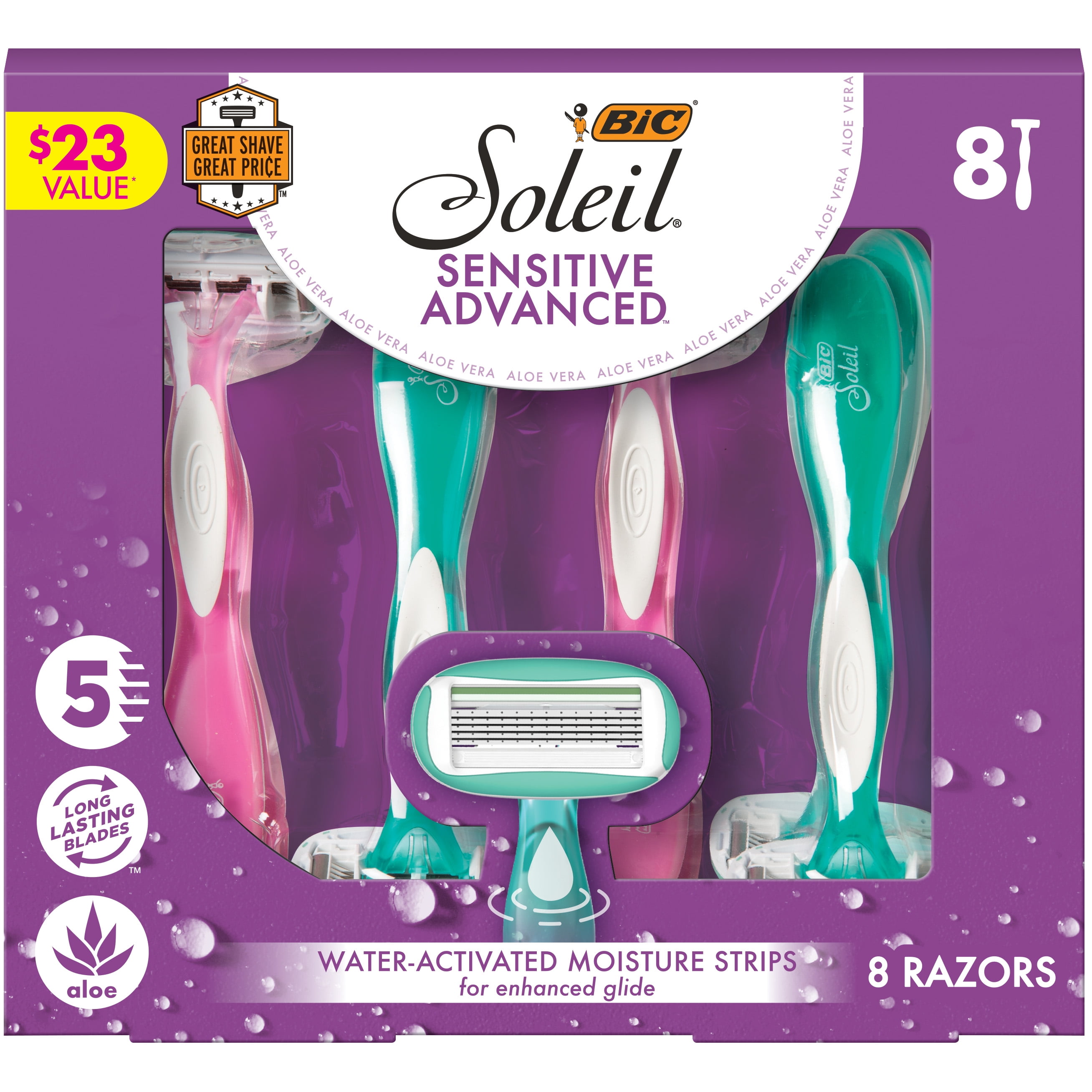 BIC Holiday Gift Set, Soleil Sensitive Advanced Women's Disposable Razors, Smooth and Close Shave, 8-Pack