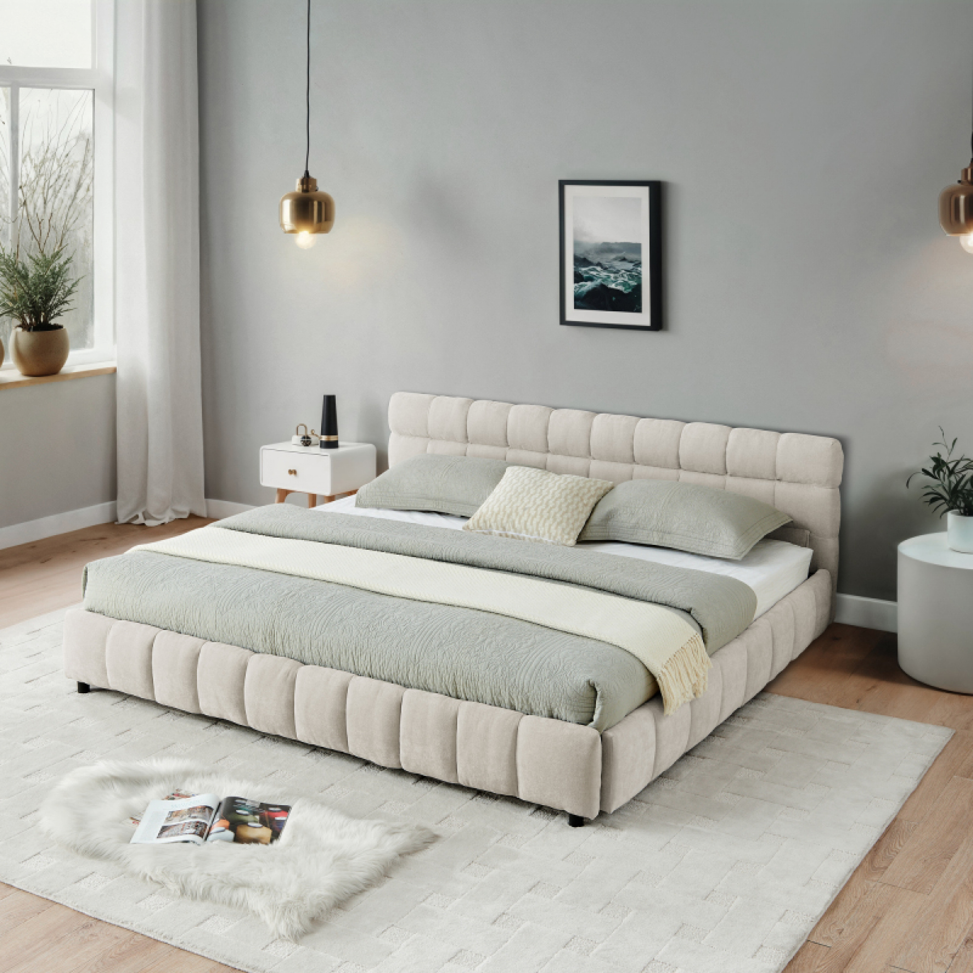 California King size Upholstered Bed ,comfortable upholstered bed frame, Chenille fabric, with headboard and solid bed frame. With drawer for storage.-Beige(90.5''*80.5''*31'')