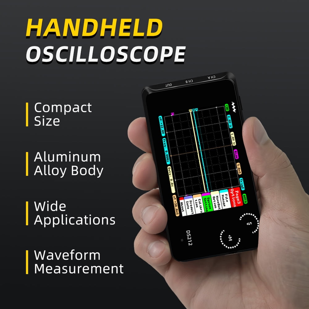 Pocket Oscilloscope DS212, Portable Oscilloscope Mini Size Handheld, Built-in Rechargeable Battery, 2 Channels, 1Mhz Bandwidth, Entry Level Oscilloscope for Beginner