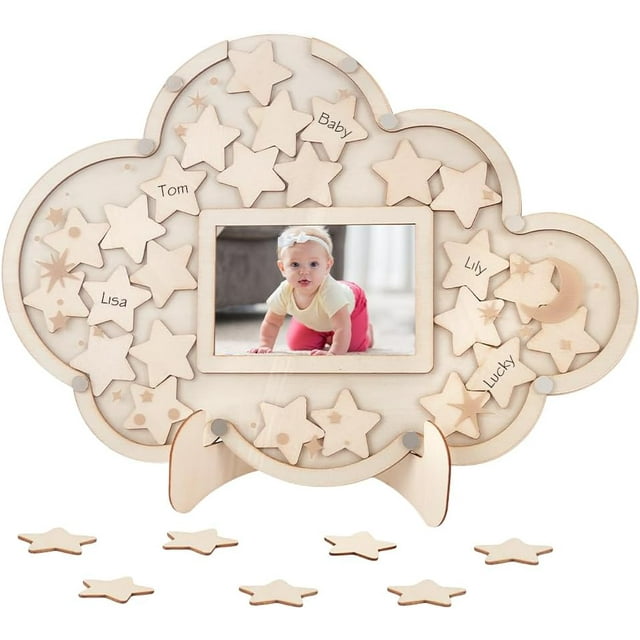 Libro de firmas alternativo para baby shower con forma de nube, decoración con estrellas de madera para 30 invitados, marco de fotos, recuerdo del embarazo