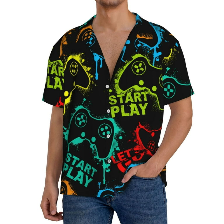 Disketp Men's Hawaiian Play Game Start Print Shirts Button Down