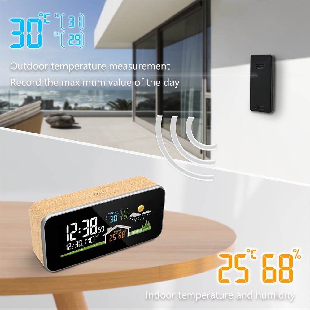 ITIGOITIE Solid Beech Wood Weather Station Alarm Clock with Wireless Outdoor Sensor, Temperature & Humidity Display, USB Powered
