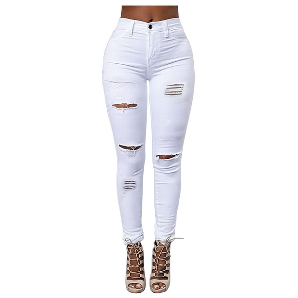 Women s Casual Ripped Holes Skinny Jeans Jeggings Straight Fit