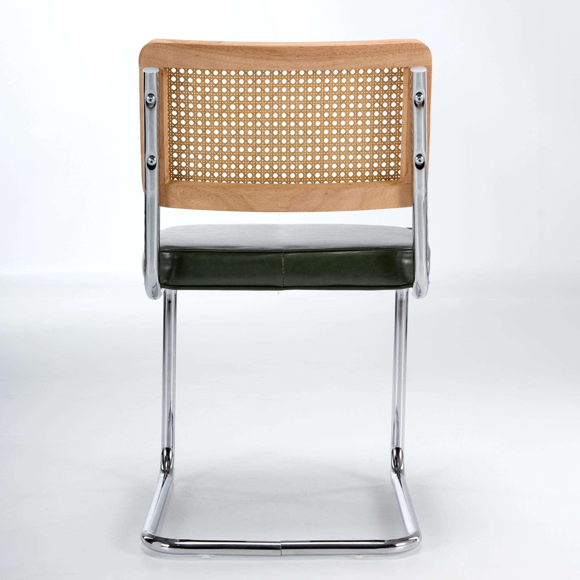 GARITIN Dining Chairs Set of 2, Mid-Century Cane Rattan Dining Chair with Solid Wood Frame, Faux Leather Seat, Cantilever Chrome Metal Armless Side Chair for Kitchen, Olive Green