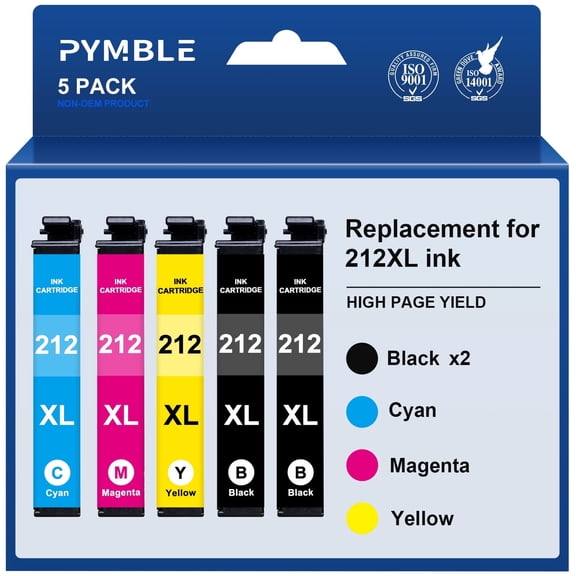 212XL Ink Cartridges for Epson 212 Ink Cartridges for Epson Ink 212XL compatible for Epson XP-4105 WF-2830 XP-4100 WF-2850 Printer 5-Pack(2 Black Cyan Magenta Yellow)