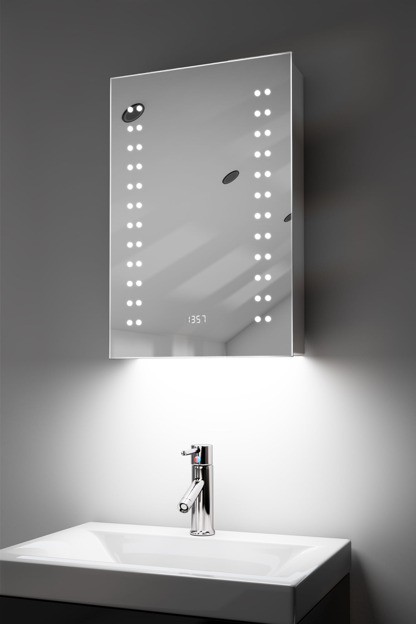 Clock Bathroom Mirror With LED Under Lighting, Demister, Sensor