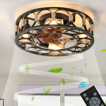 Oaks Aura  20in. Modern Industrial Low Profile Ceiling Fan with Light, Farmhouse Flush Mount Remote Control Ceiling Fan Black