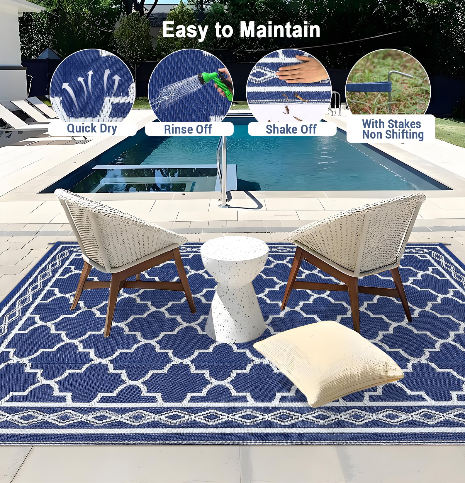 Twister.CK Outdoor Rug 10x14ft Waterproof for Patios, Plastic Straw Rug Camping Carpet Mats for Picnic, Backyard, Deck, Balcony, Porch, Beach, Dark Blue & White